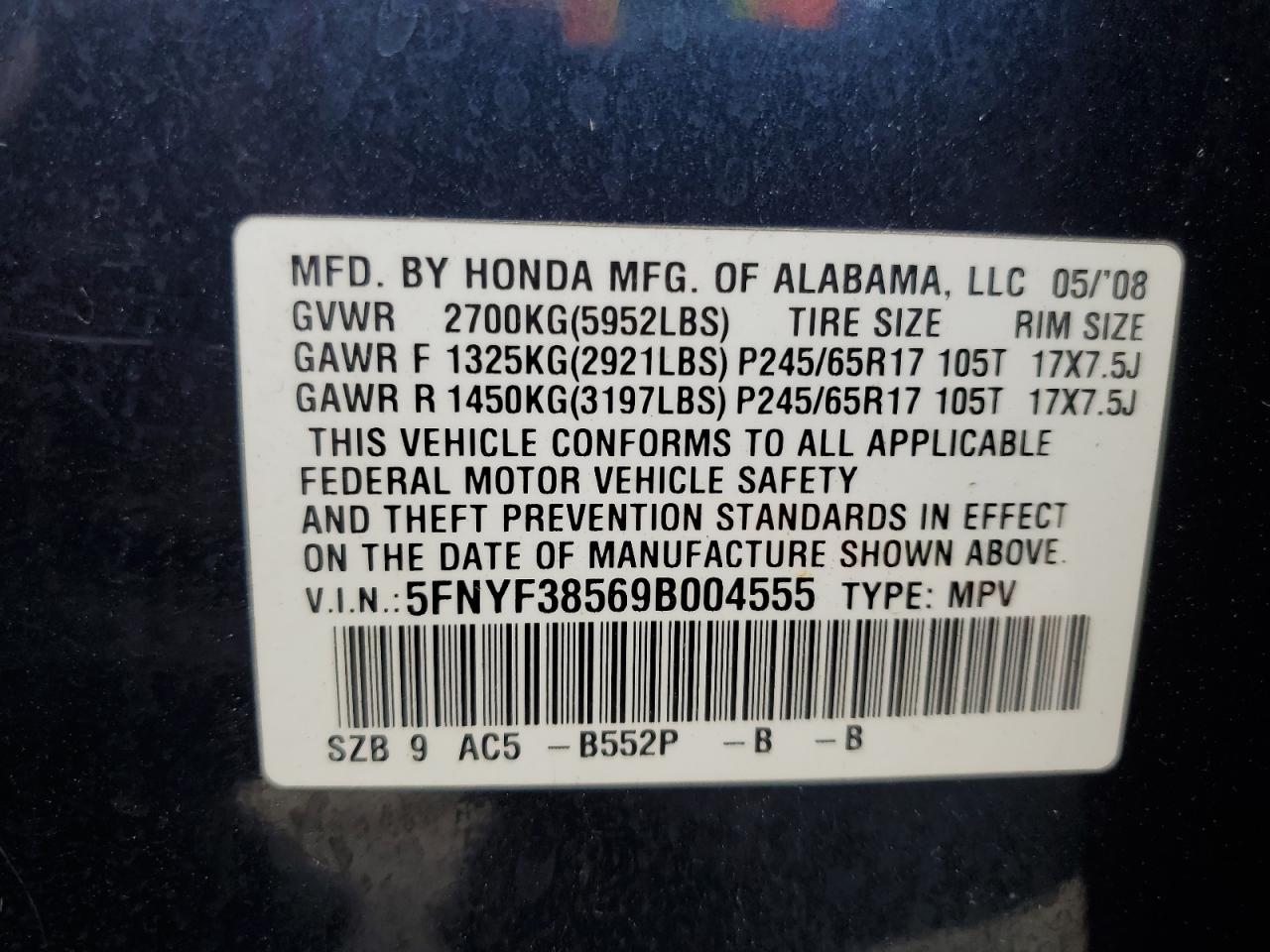 2009 Honda Pilot Exl VIN: 5FNYF38569B004555 Lot: 80782695