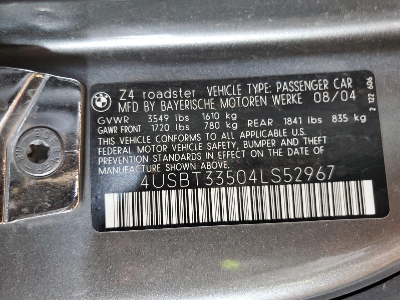 2004 BMW Z4 2.5 VIN: 4USBT33504LS52967 Lot: 83837495