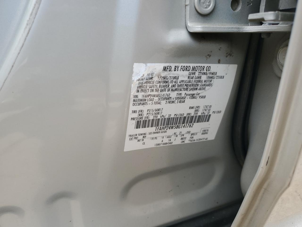 2008 Ford Taurus Sel VIN: 1FAHP24W58G141762 Lot: 80701095