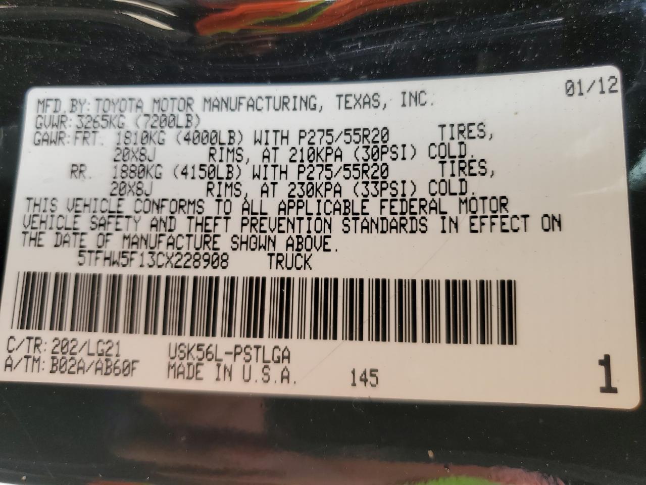 2012 Toyota Tundra Crewmax Limited VIN: 5TFHW5F13CX228908 Lot: 80839025