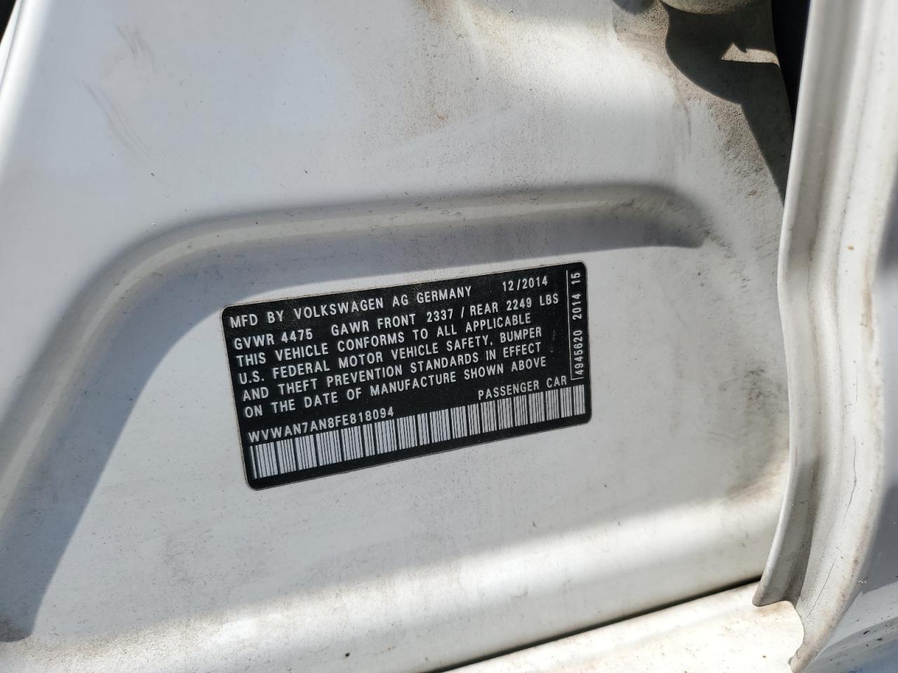 2015 Volkswagen Cc Sport VIN: WVWAN7AN8FE818094 Lot: 80066385