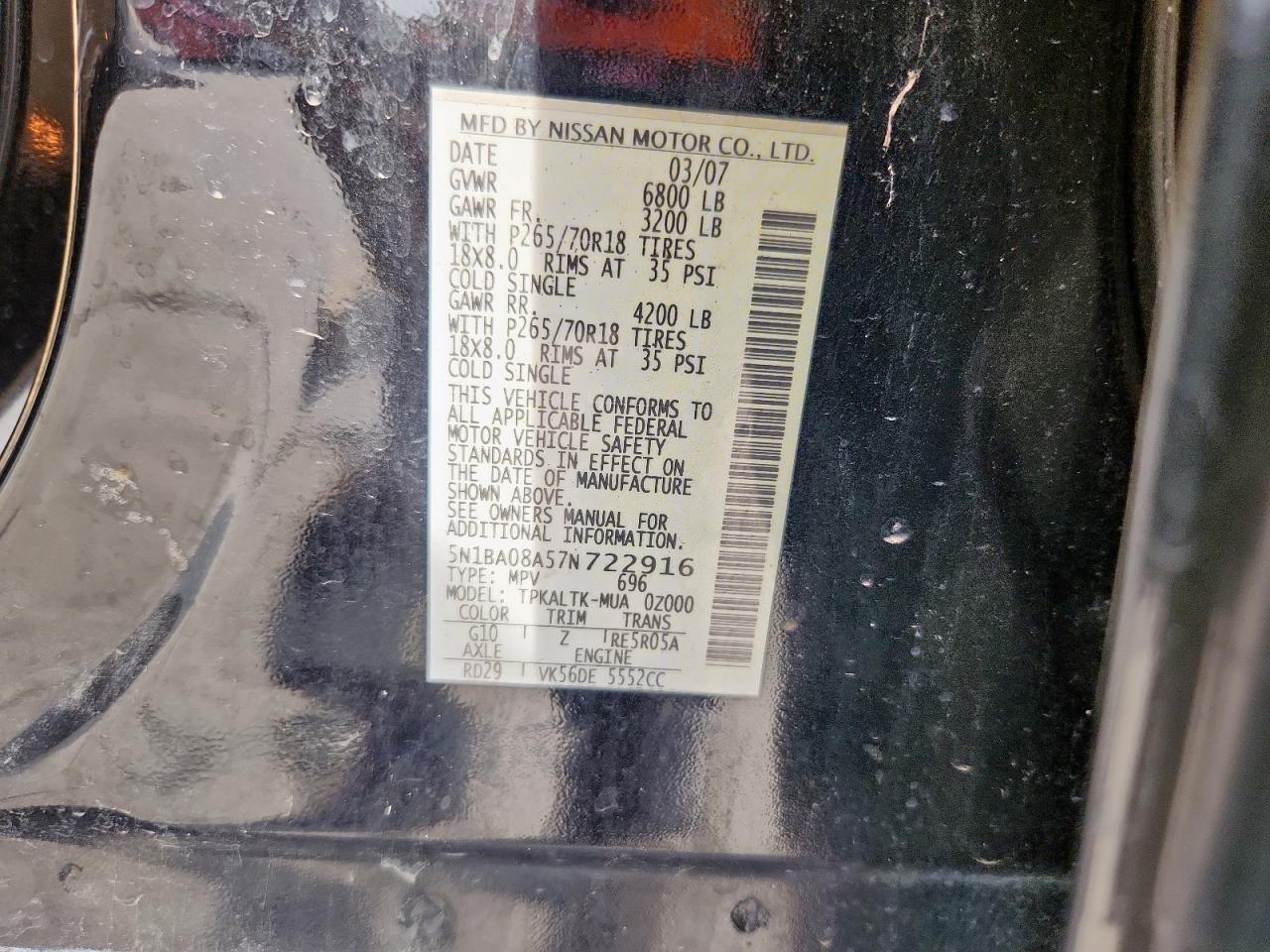 2007 Nissan Armada Se VIN: 5N1BA08A57N722916 Lot: 71745245