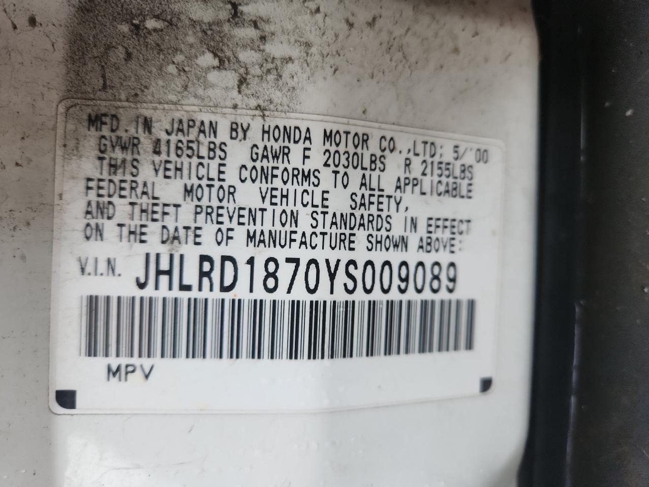 2000 Honda Cr-V Se VIN: JHLRD1870YS009089 Lot: 81332725