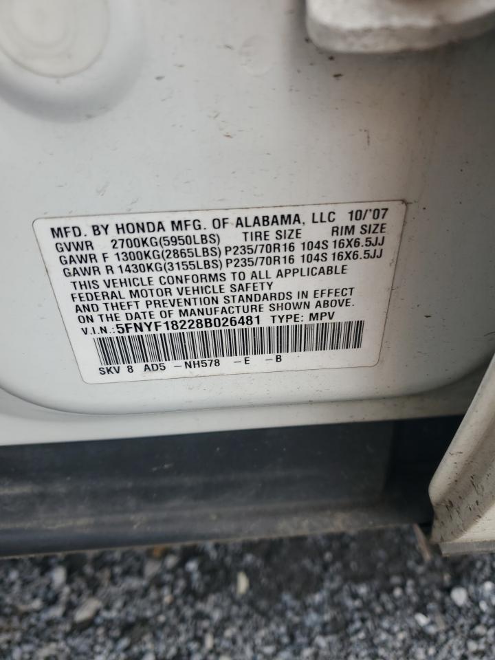 2008 Honda Pilot Vp VIN: 5FNYF18228B026481 Lot: 83847675