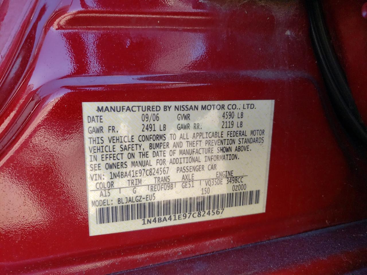 2007 Nissan Maxima Se VIN: 1N4BA41E97C824567 Lot: 71821755