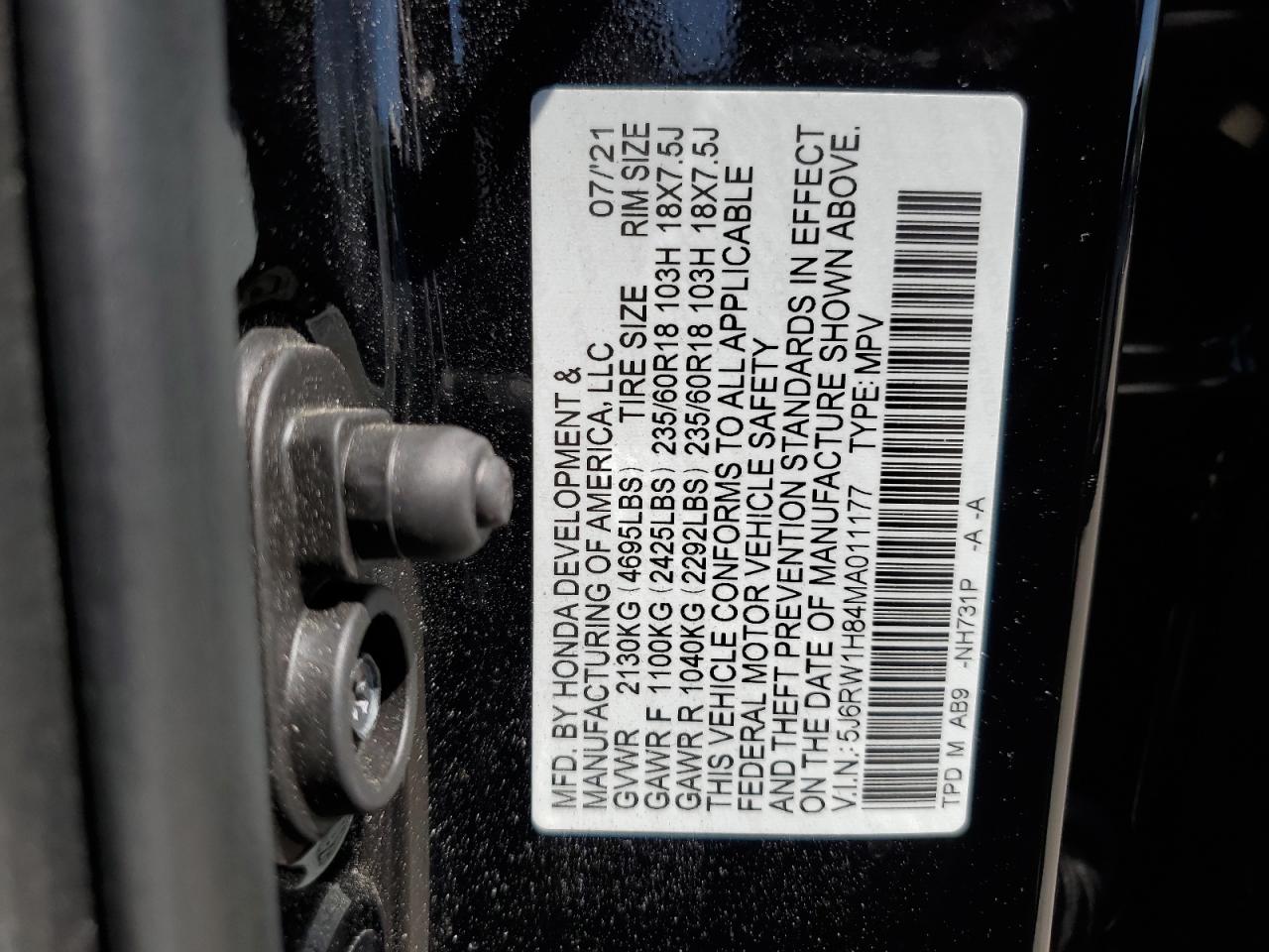 2021 Honda Cr-V Exl VIN: 5J6RW1H84MA011177 Lot: 71870615