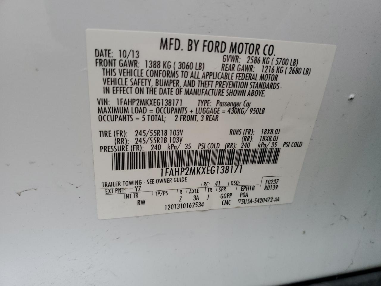 2014 Ford Taurus Police Interceptor VIN: 1FAHP2MKXEG138171 Lot: 82066755