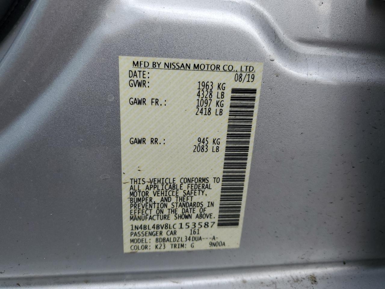 2020 Nissan Altima S VIN: 1N4BL4BV8LC153587 Lot: 84207675