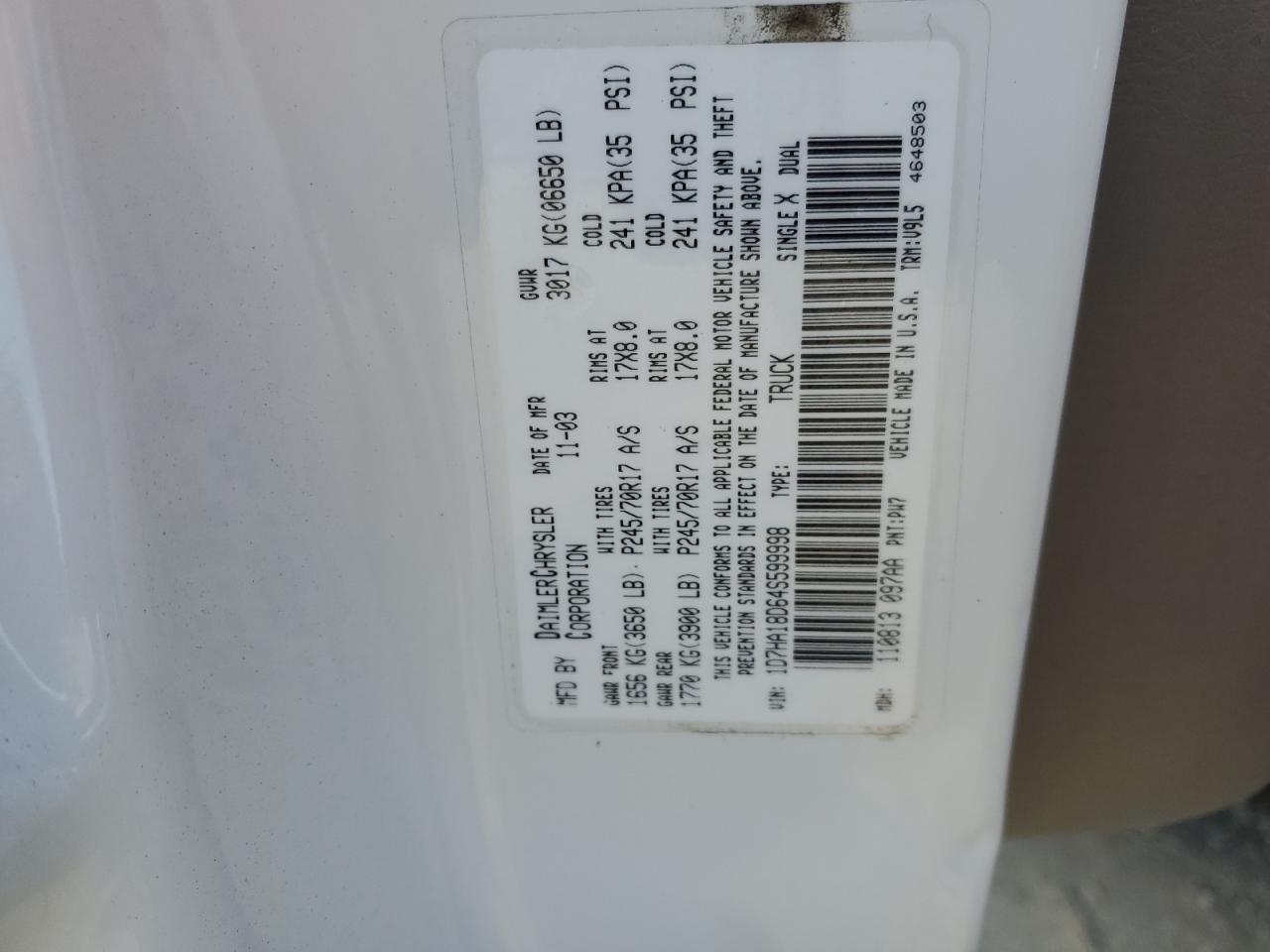 2004 Dodge Ram 1500 St VIN: 1D7HA18D64S599998 Lot: 81292055