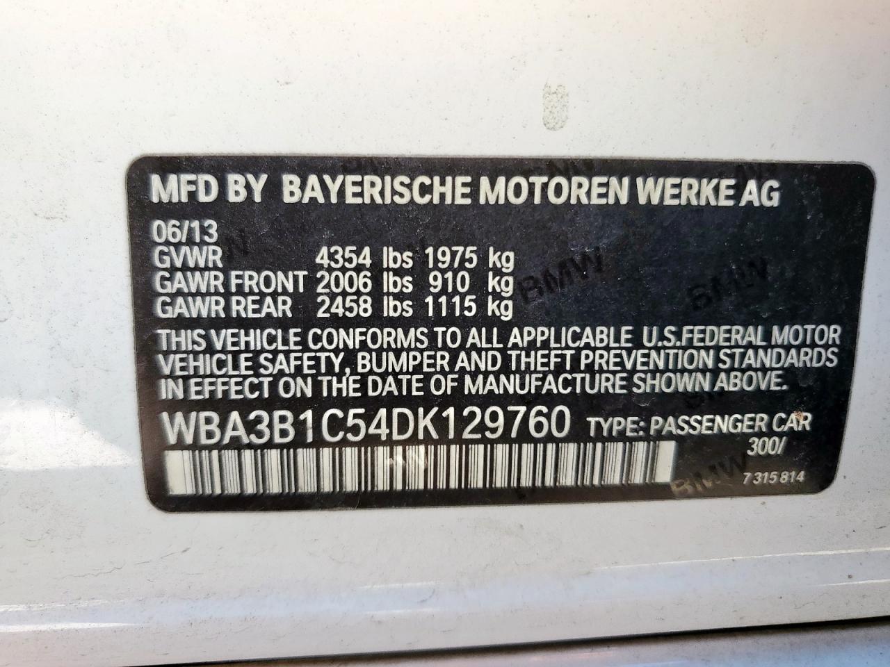 2013 BMW 320 I VIN: WBA3B1C54DK129760 Lot: 84220235
