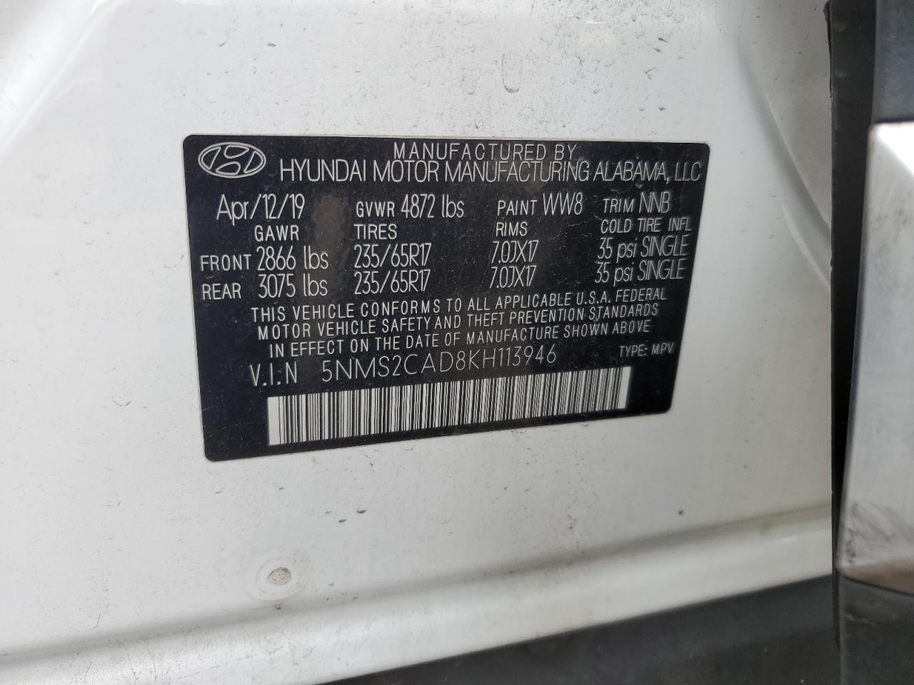 2019 Hyundai Santa Fe Se VIN: 5NMS2CAD8KH113946 Lot: 82140695