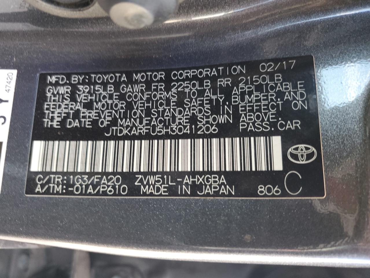 2017 Toyota Prius VIN: JTDKARFU5H3041206 Lot: 71751295