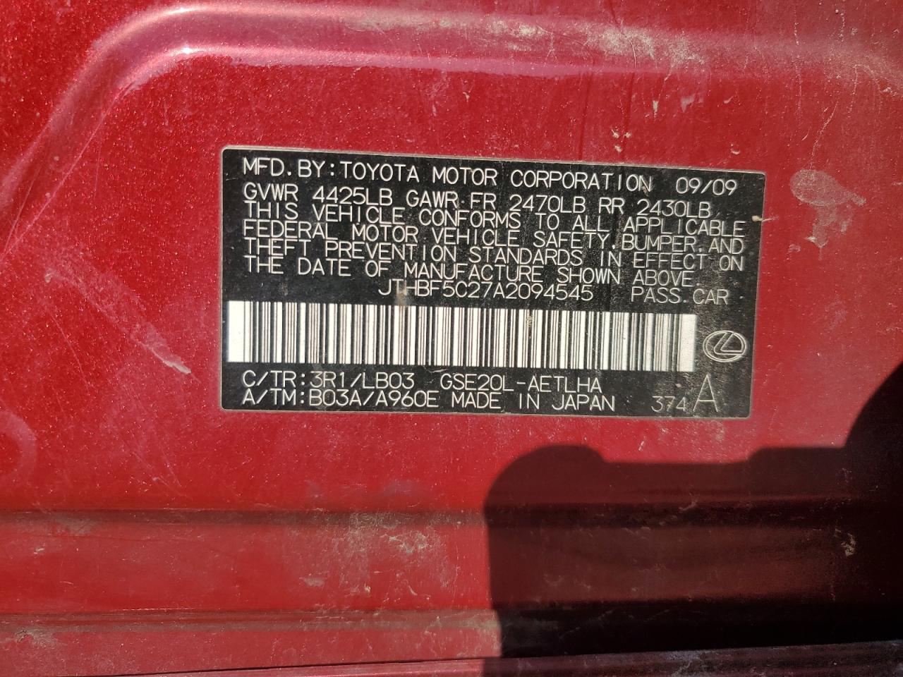 2010 Lexus Is 250 VIN: JTHBF5C27A2094545 Lot: 80739005