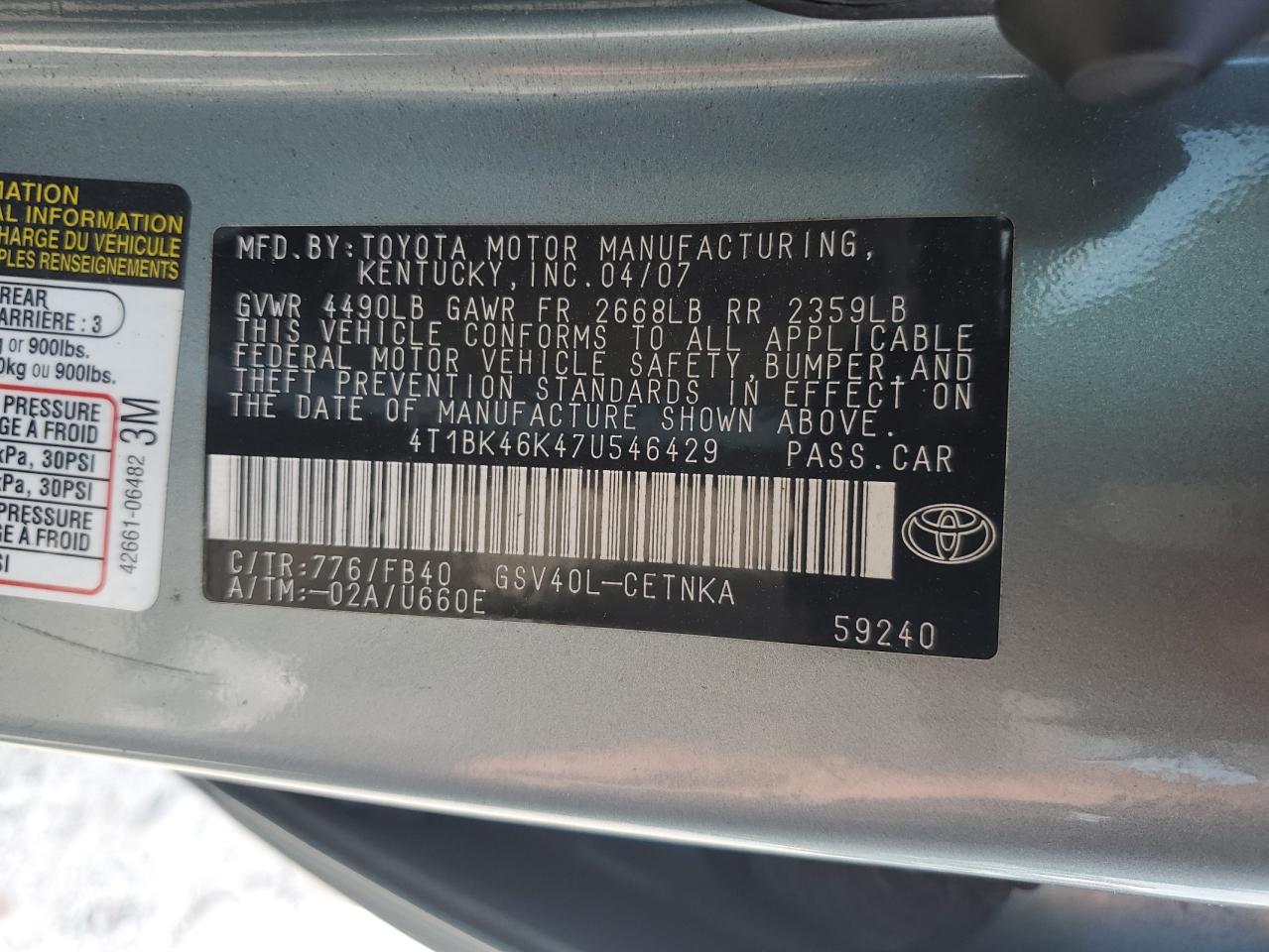 2007 Toyota Camry Le VIN: 4T1BK46K47U546429 Lot: 83972915