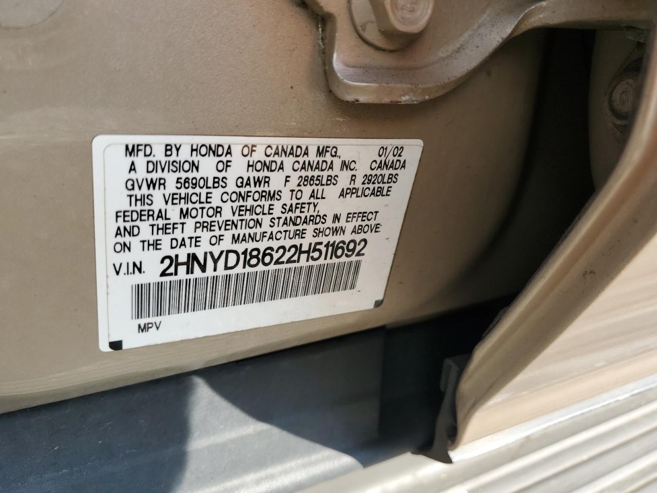 2002 Acura Mdx Touring VIN: 2HNYD18622H511692 Lot: 81225355