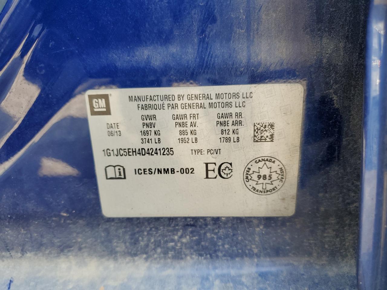 2013 Chevrolet Sonic Lt VIN: 1G1JC5EH4D4241235 Lot: 81648135