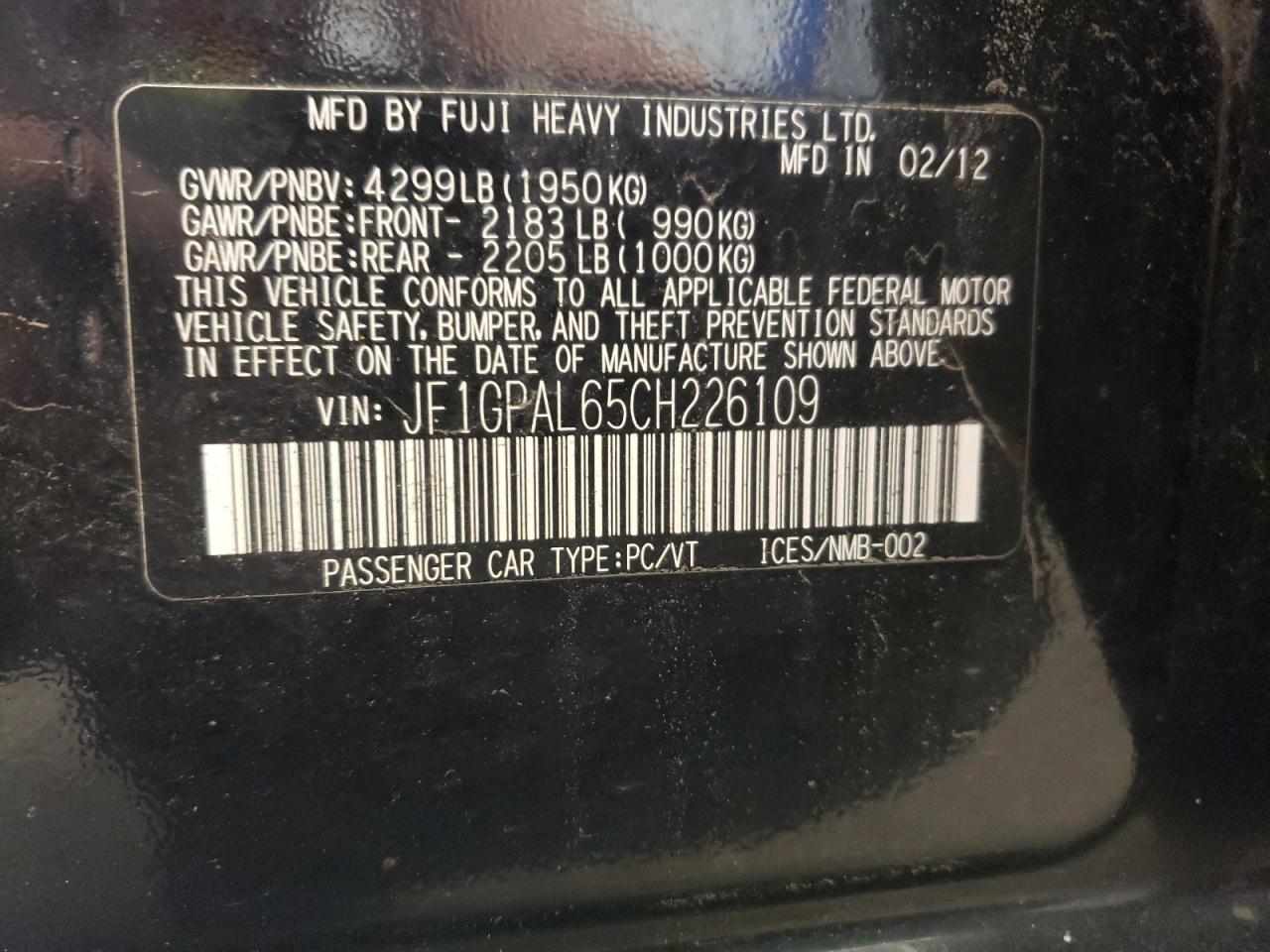 2012 Subaru Impreza Sport Premium VIN: JF1GPAL65CH226109 Lot: 85300095