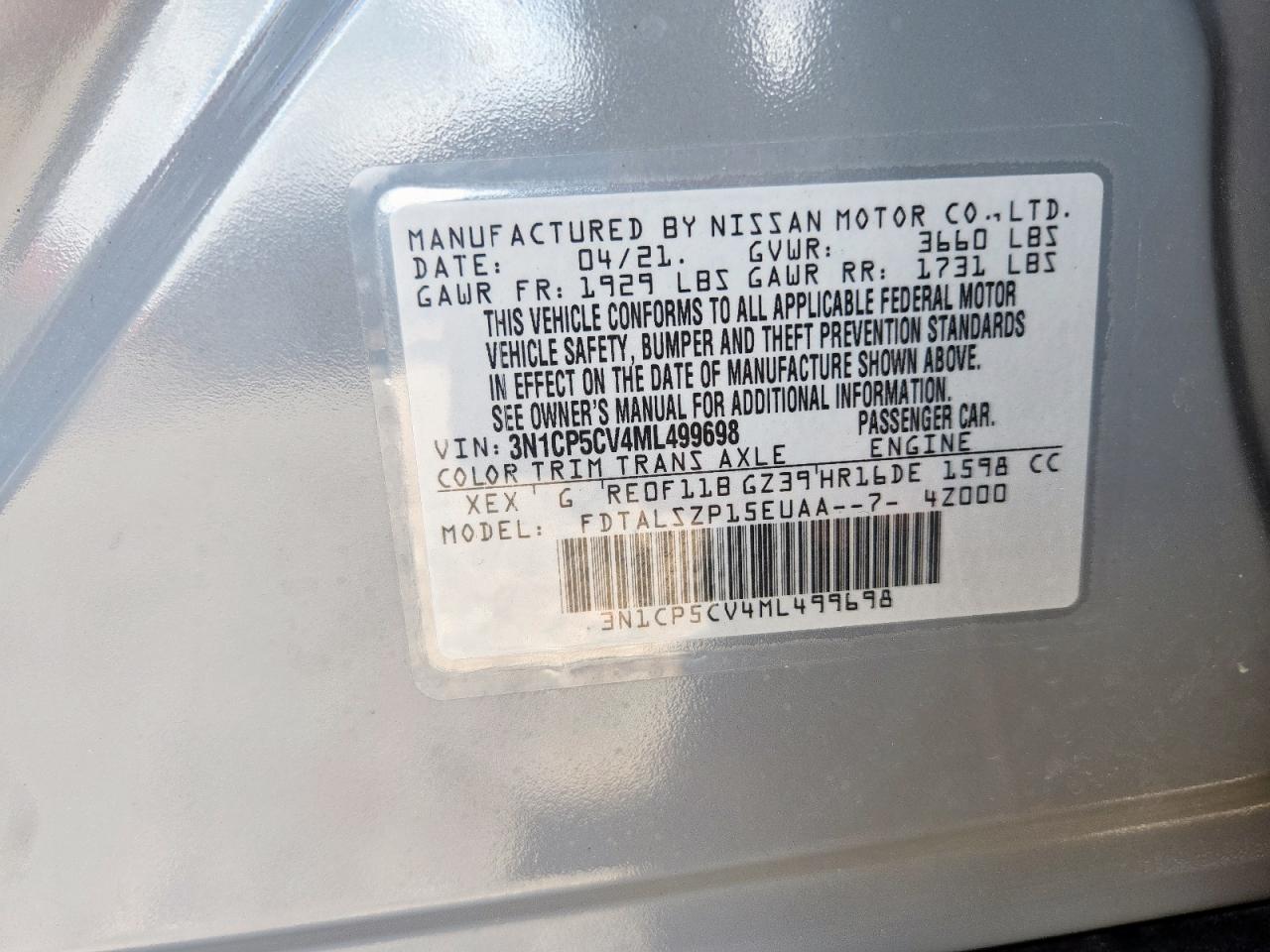 2021 Nissan Kicks Sv VIN: 3N1CP5CV4ML499698 Lot: 81123425