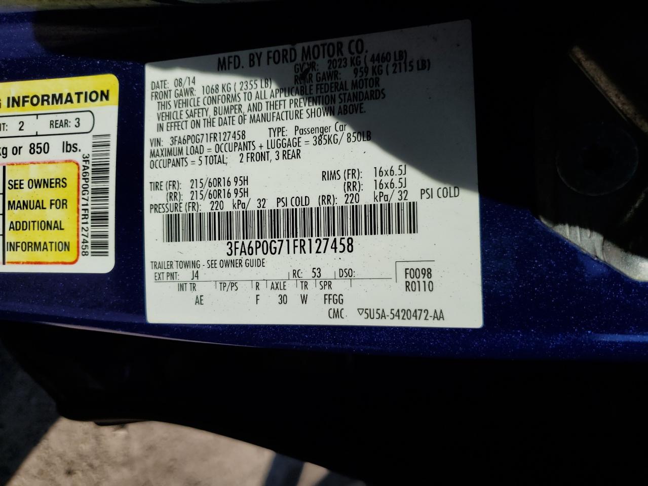 2015 Ford Fusion S VIN: 3FA6P0G71FR127458 Lot: 84214295