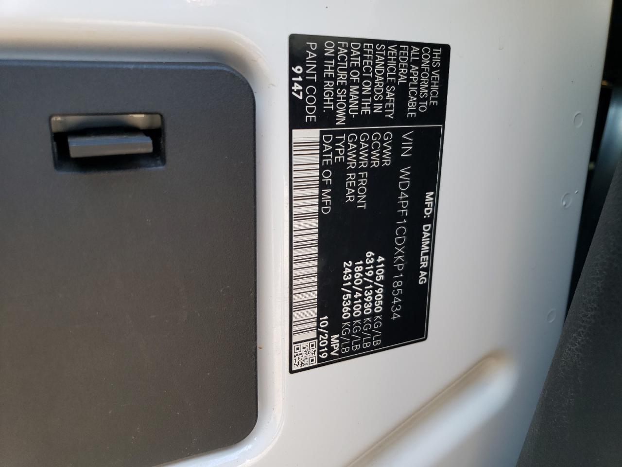 2019 Mercedes-Benz Sprinter 2500/3500 VIN: WD4PF1CDXKP185434 Lot: 80653155