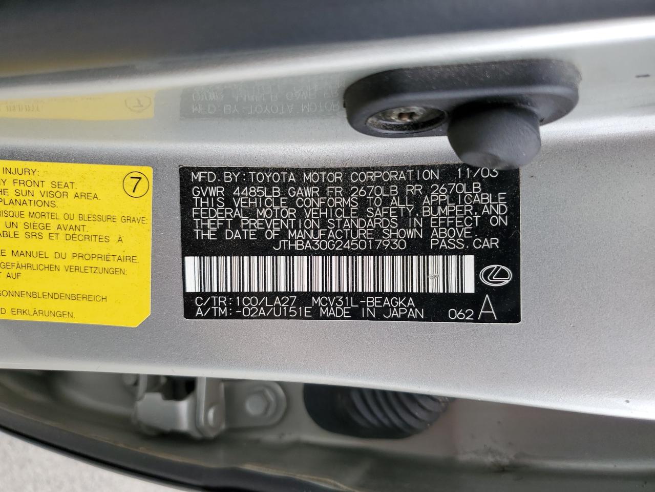 2004 Lexus Es 330 VIN: JTHBA30G245017930 Lot: 82070415