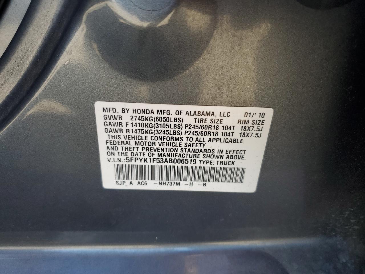 2010 Honda Ridgeline Rtl VIN: 5FPYK1F53AB006519 Lot: 71254935