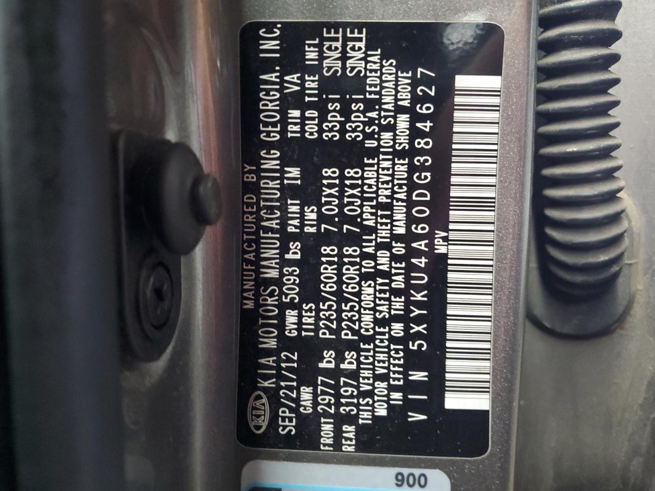 2013 Kia Sorento Ex VIN: 5XYKU4A60DG384627 Lot: 80015395