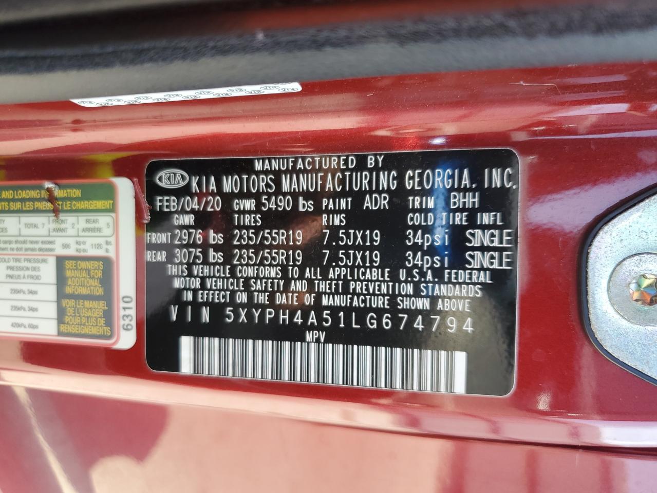 2020 Kia Sorento Ex VIN: 5XYPH4A51LG674794 Lot: 80104505