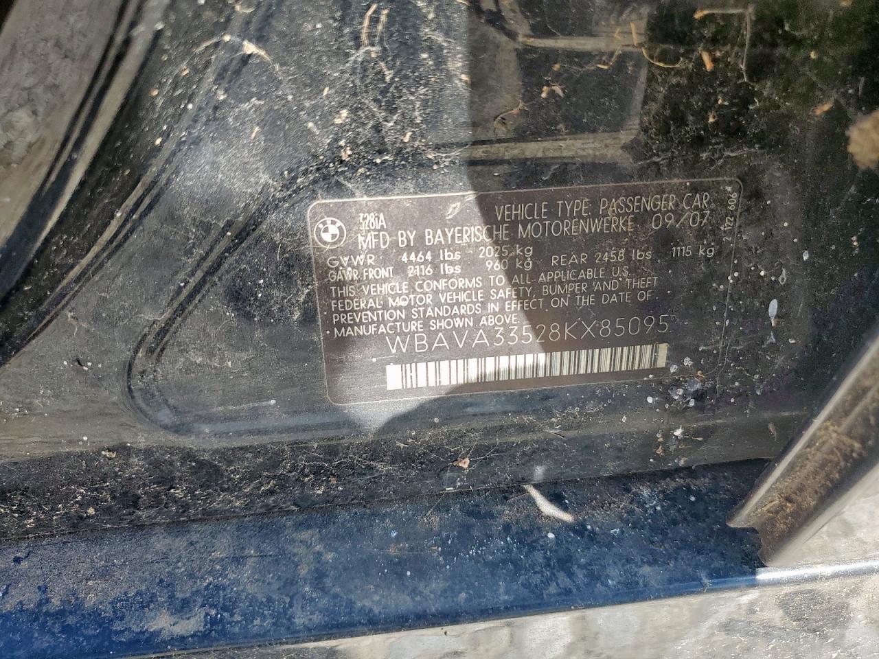 2008 BMW 328 I VIN: WBAVA33528KX85095 Lot: 82030535