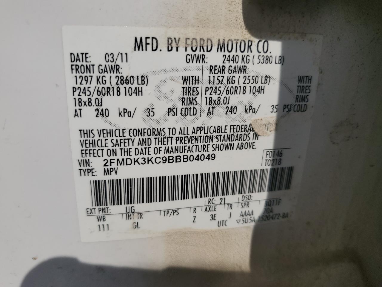 2011 Ford Edge Limited VIN: 2FMDK3KC9BBB04049 Lot: 81228735