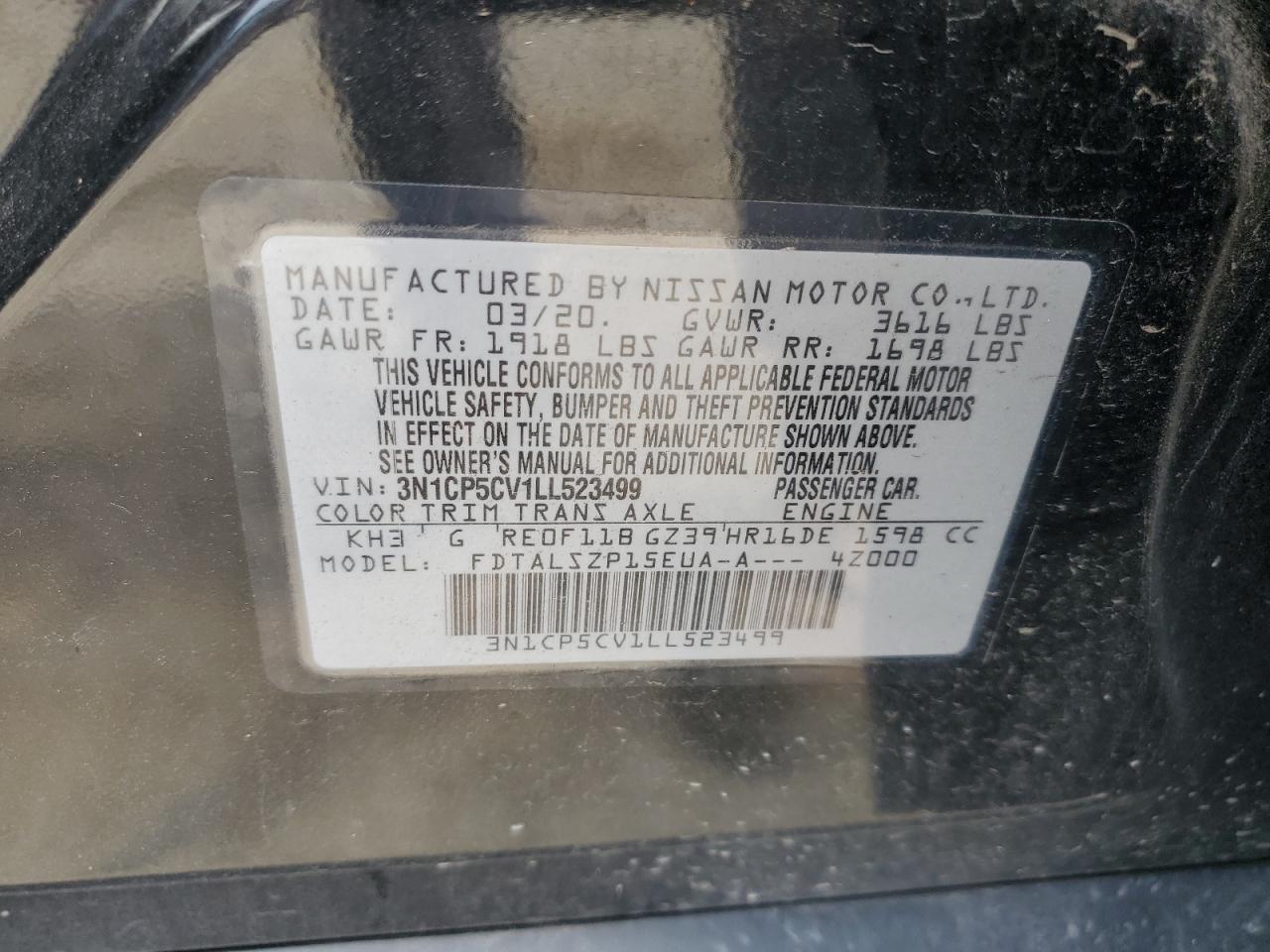 2020 Nissan Kicks Sv VIN: 3N1CP5CV1LL523499 Lot: 72004925