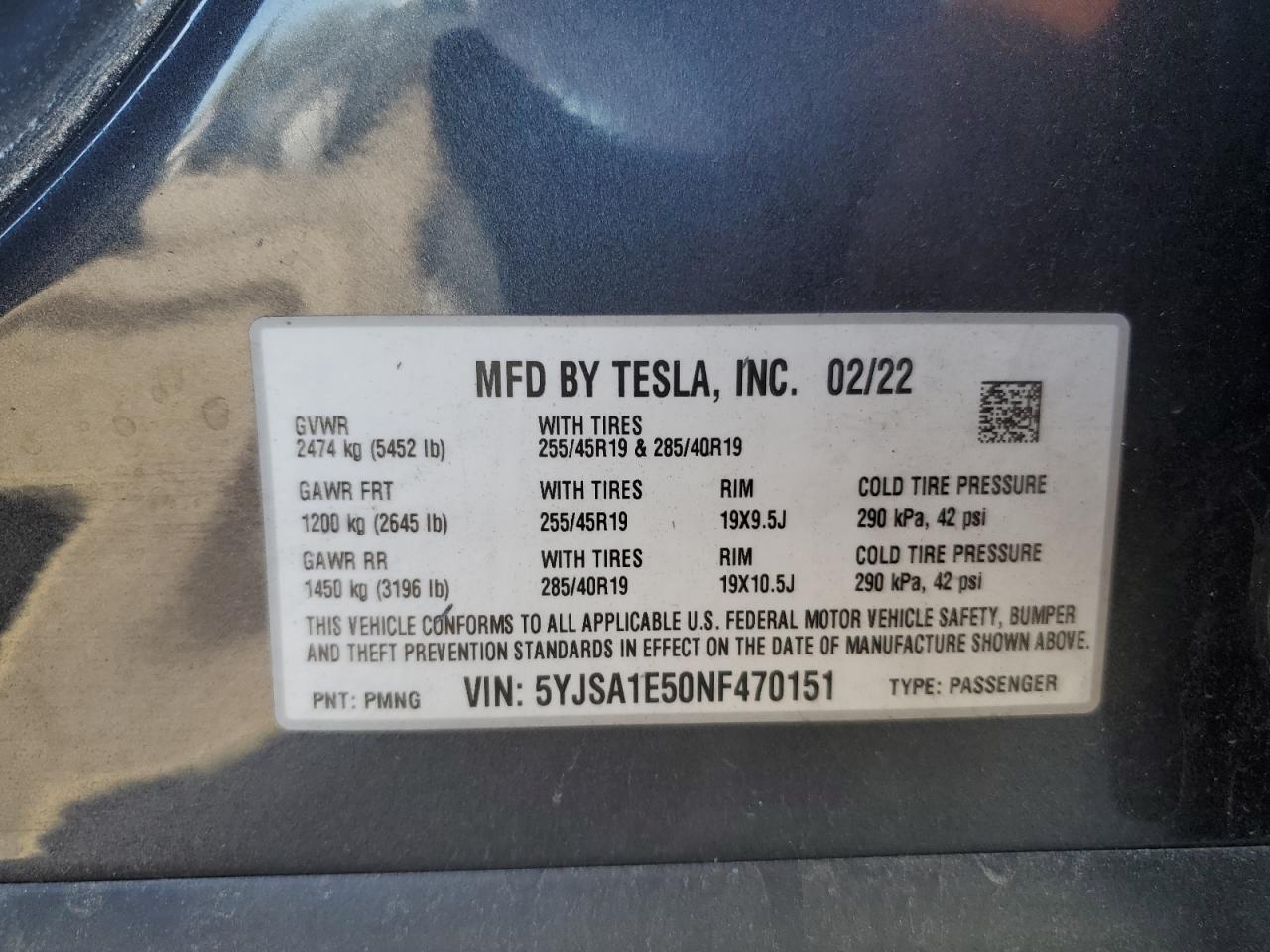 2022 Tesla Model S VIN: 5YJSA1E50NF470151 Lot: 69382495