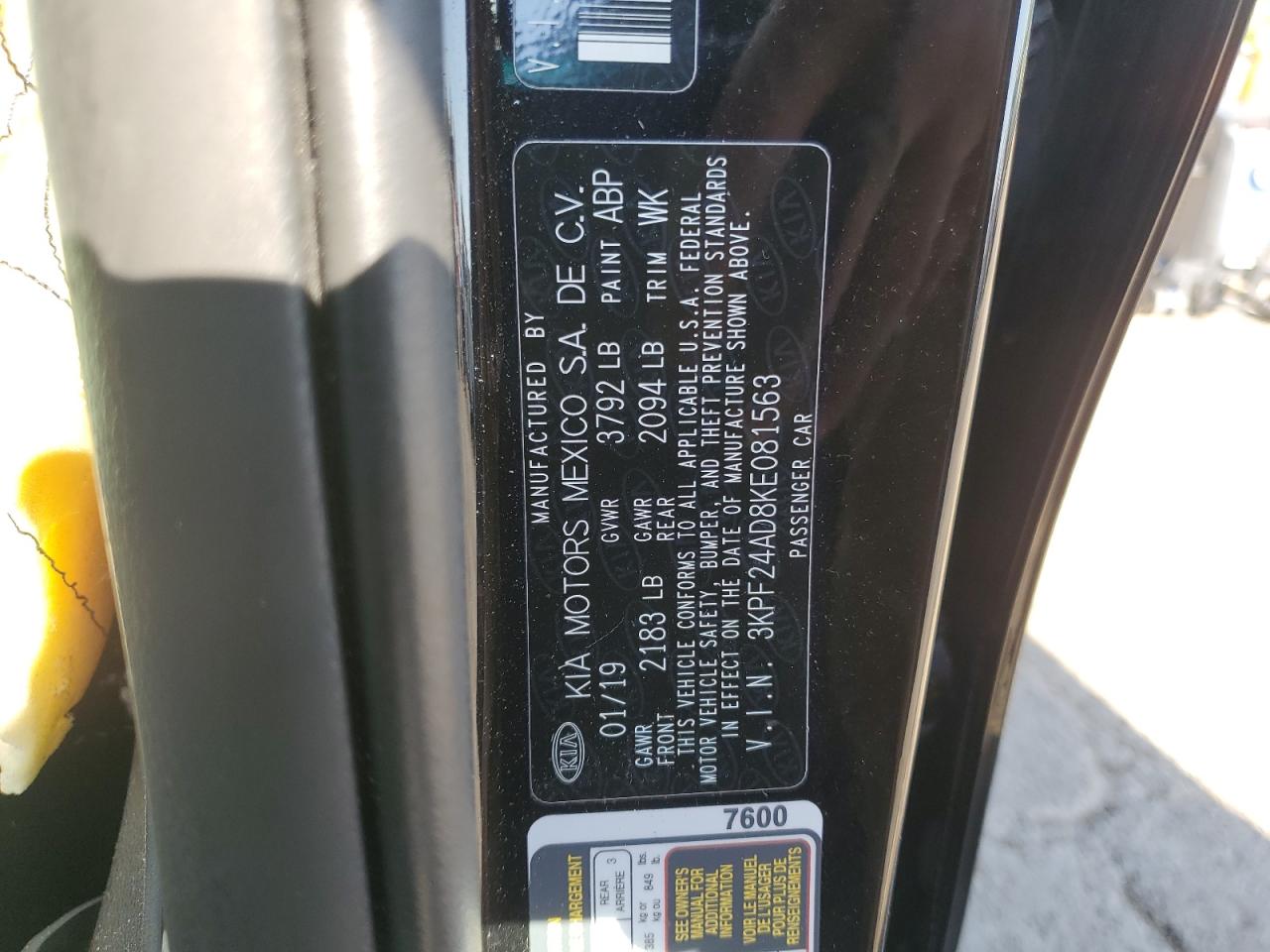 2019 Kia Forte Fe VIN: 3KPF24AD8KE081563 Lot: 80300635