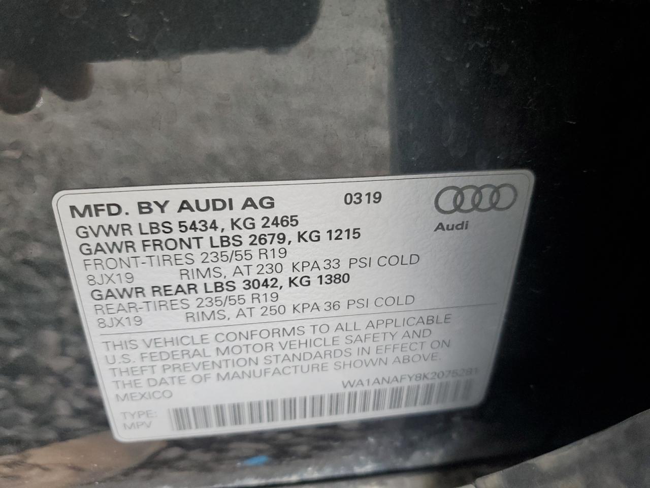 2019 Audi Q5 Premium VIN: WA1ANAFY8K2075281 Lot: 71452495