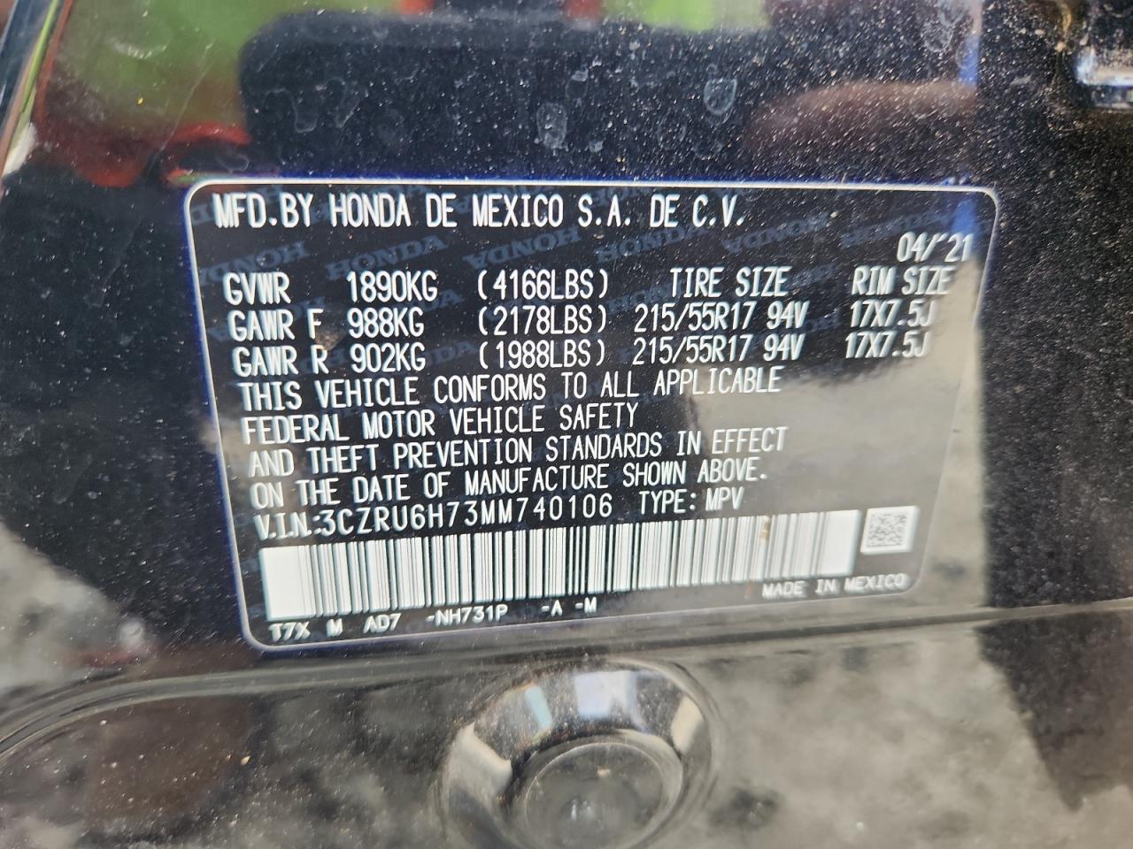 2021 Honda Hr-V Exl VIN: 3CZRU6H73MM740106 Lot: 81823895