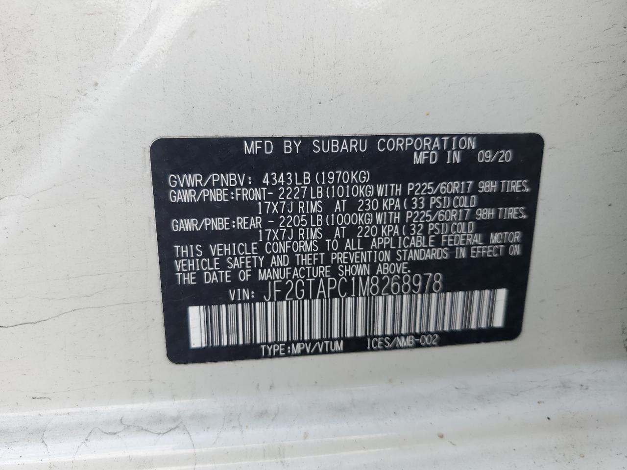 2021 Subaru Crosstrek Premium VIN: JF2GTAPC1M8268978 Lot: 84195995