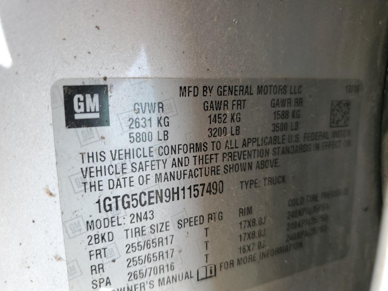 2017 GMC Canyon Sle VIN: 1GTG5CEN9H1157490 Lot: 71283475