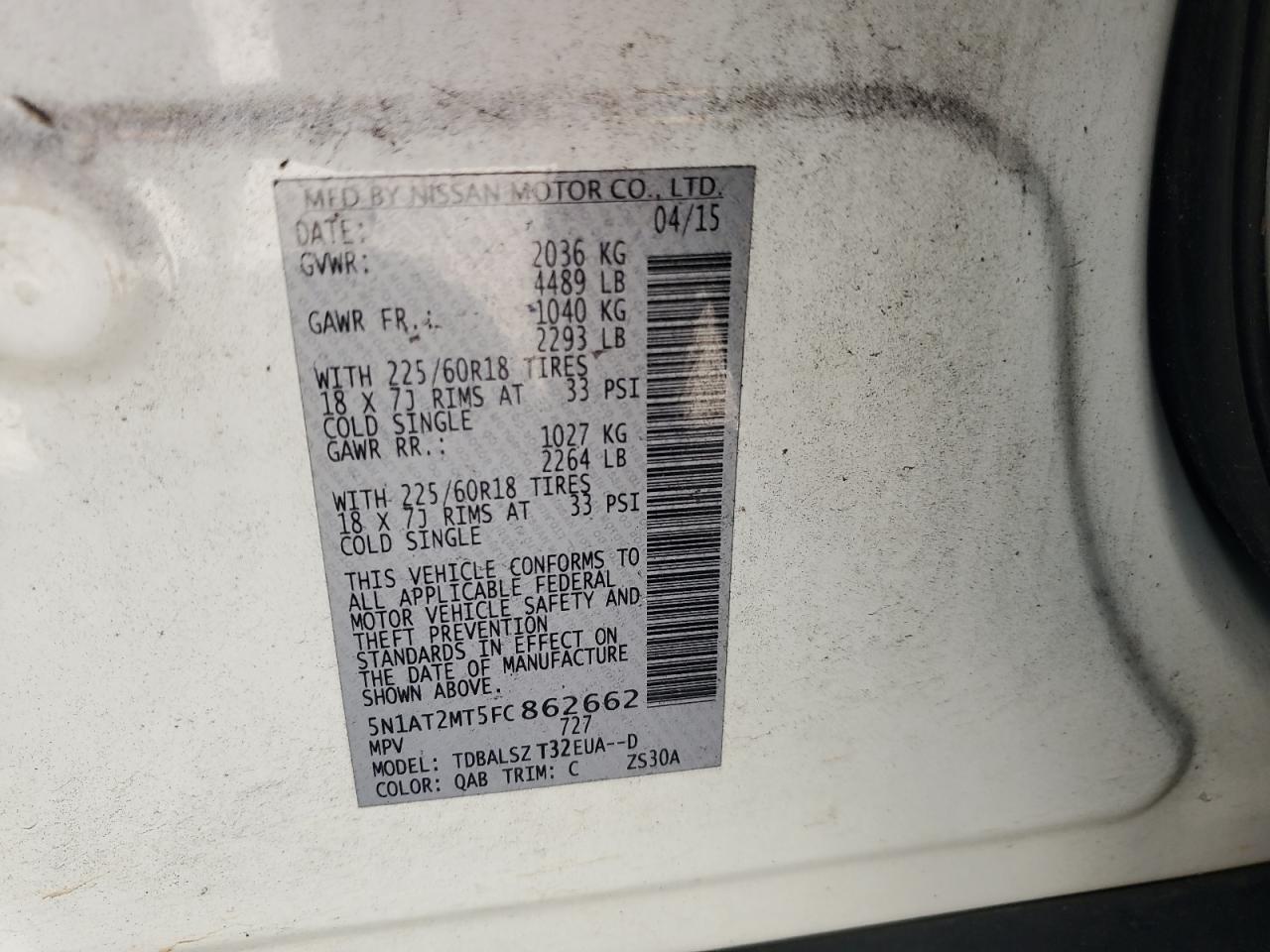 2015 Nissan Rogue S VIN: 5N1AT2MT5FC862662 Lot: 83949525