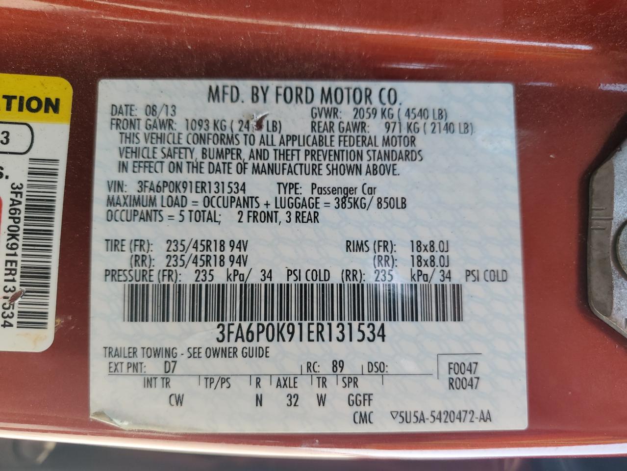 2014 Ford Fusion Titanium VIN: 3FA6P0K91ER131534 Lot: 81340785