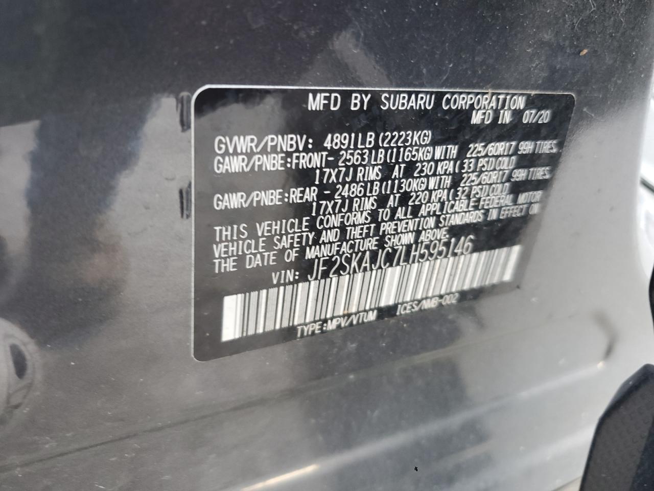 2020 Subaru Forester Premium VIN: JF2SKAJC7LH595146 Lot: 71477755