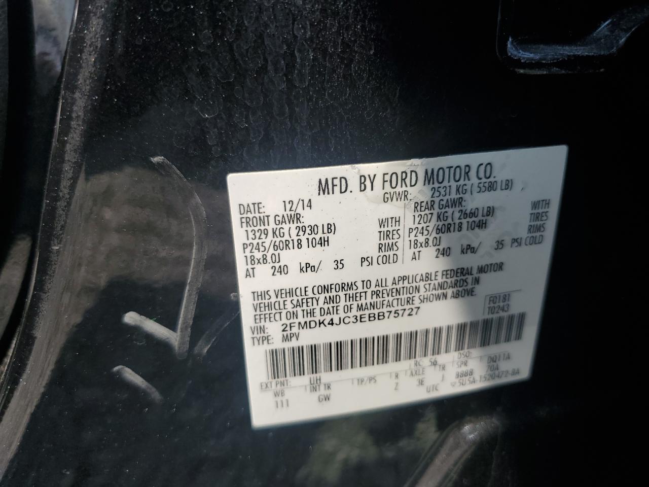 2014 Ford Edge Sel VIN: 2FMDK4JC3EBB75727 Lot: 71390075