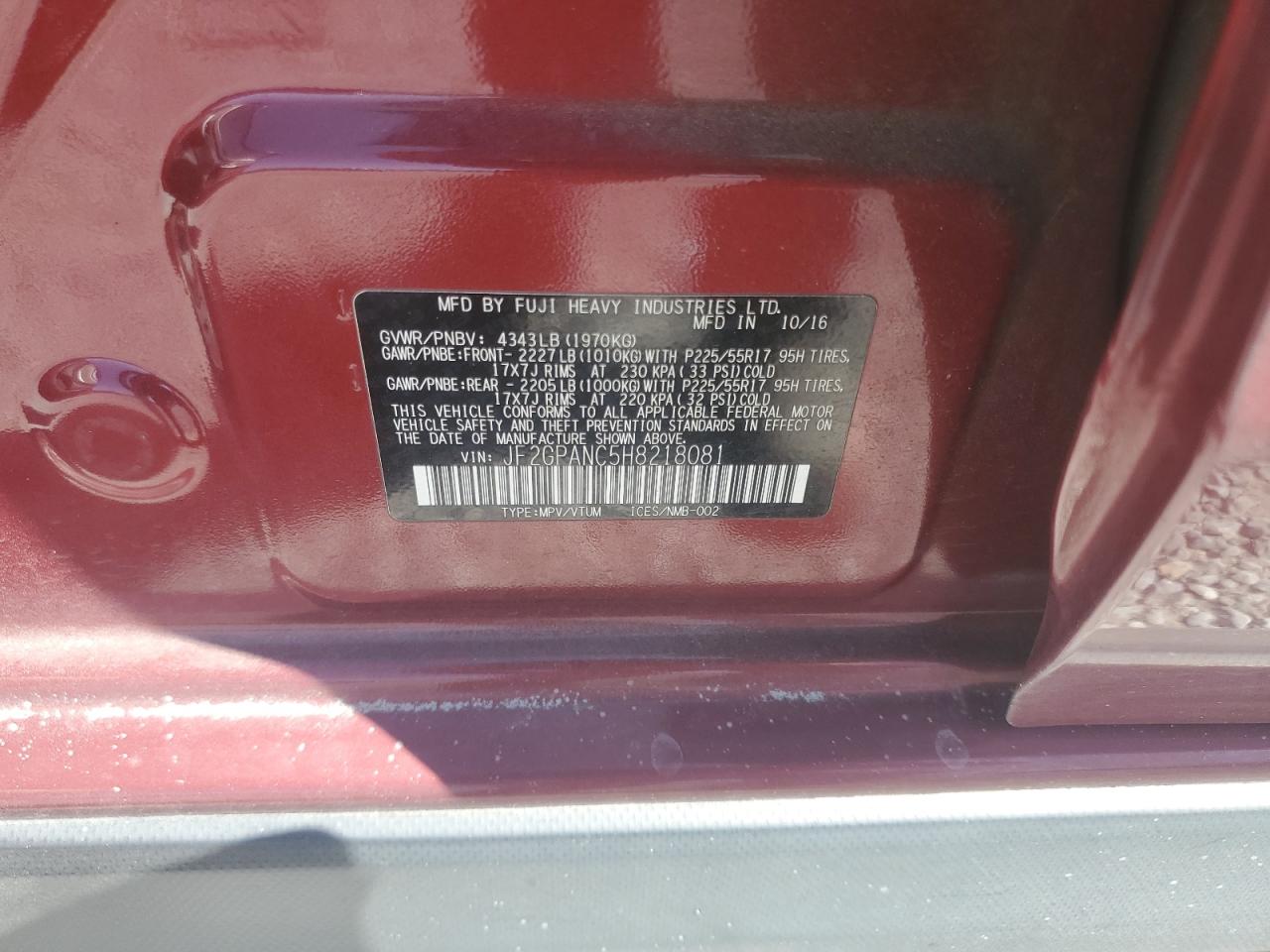 2017 Subaru Crosstrek Limited VIN: JF2GPANC5H8218081 Lot: 72034345