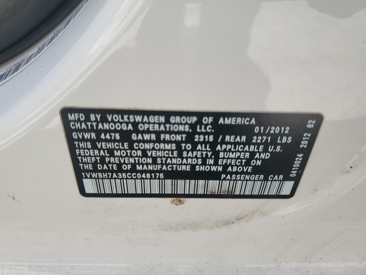 2012 Volkswagen Passat Se VIN: 1VWBH7A35CC048175 Lot: 81712425