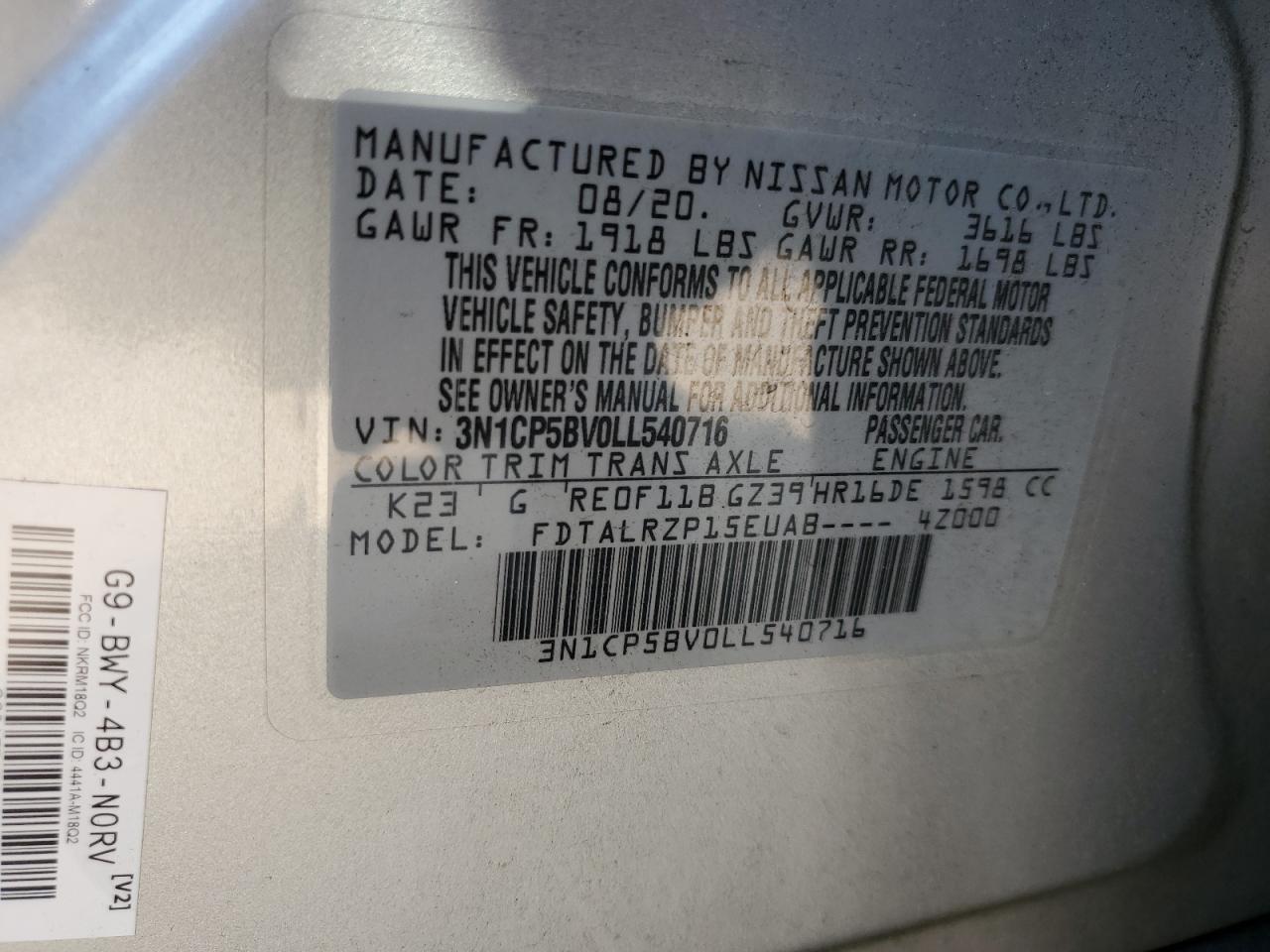 2020 Nissan Kicks S VIN: 3N1CP5BV0LL540716 Lot: 81327595