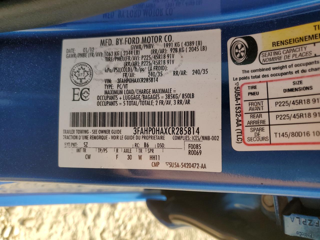 2012 Ford Fusion Se VIN: 3FAHP0HAXCR285814 Lot: 72014565