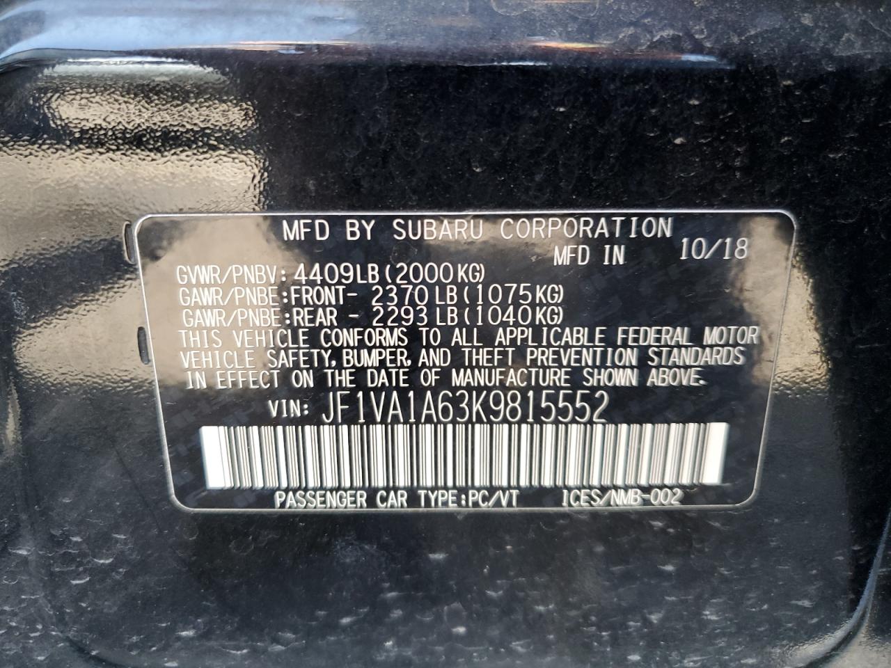 2019 Subaru Wrx VIN: JF1VA1A63K9815552 Lot: 80208185