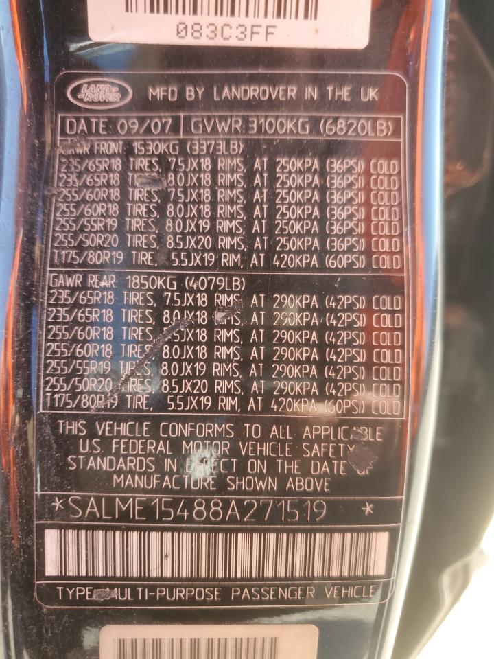 2008 Land Rover Range Rover Hse VIN: SALME15488A271519 Lot: 80937635