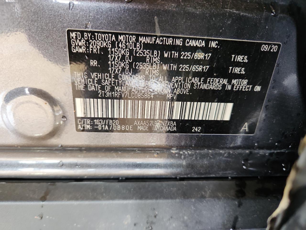 2020 Toyota Rav4 Le VIN: 2T3H1RFV7LC085864 Lot: 84559195