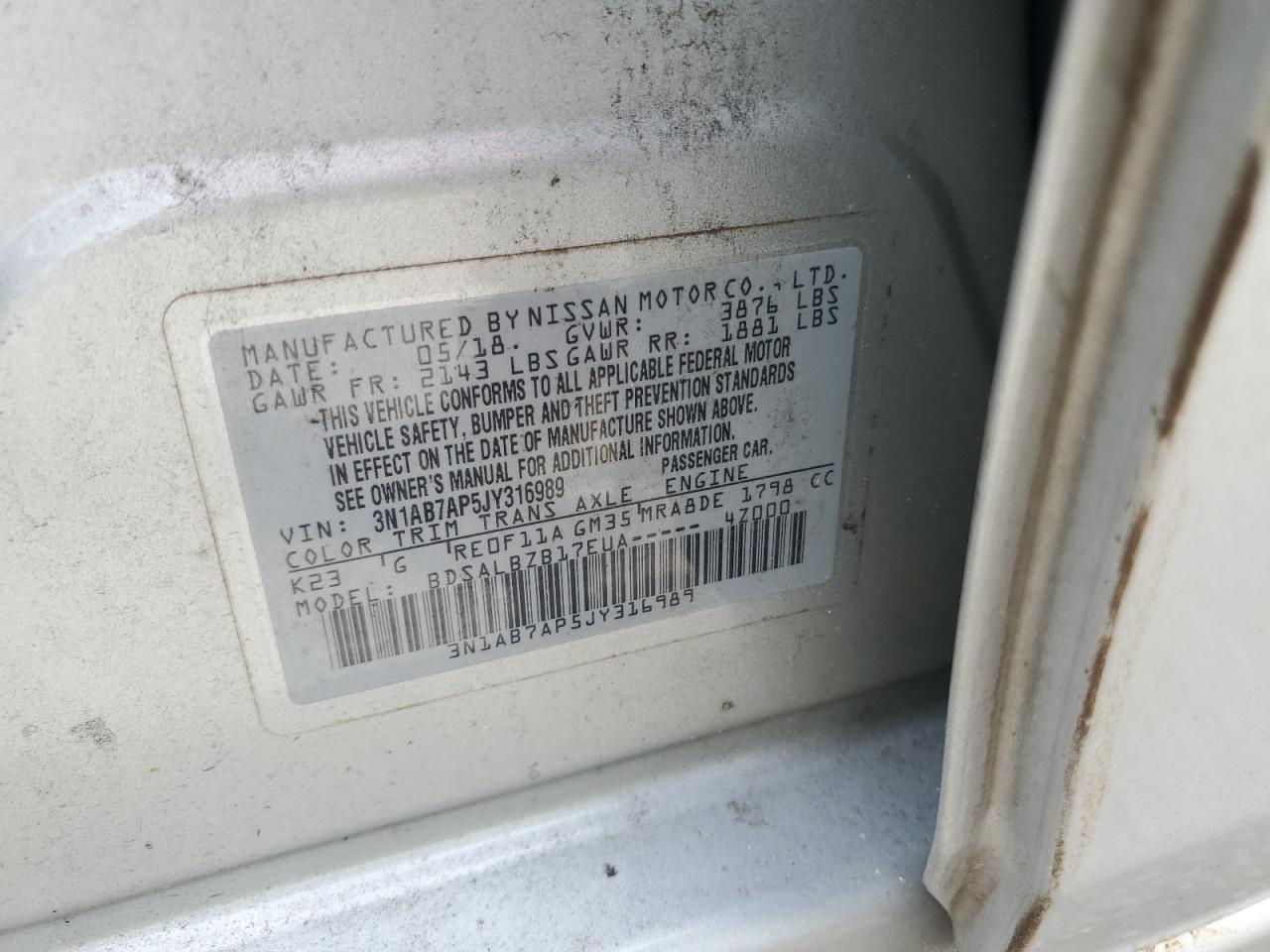 2018 Nissan Sentra S VIN: 3N1AB7AP5JY316989 Lot: 81418215