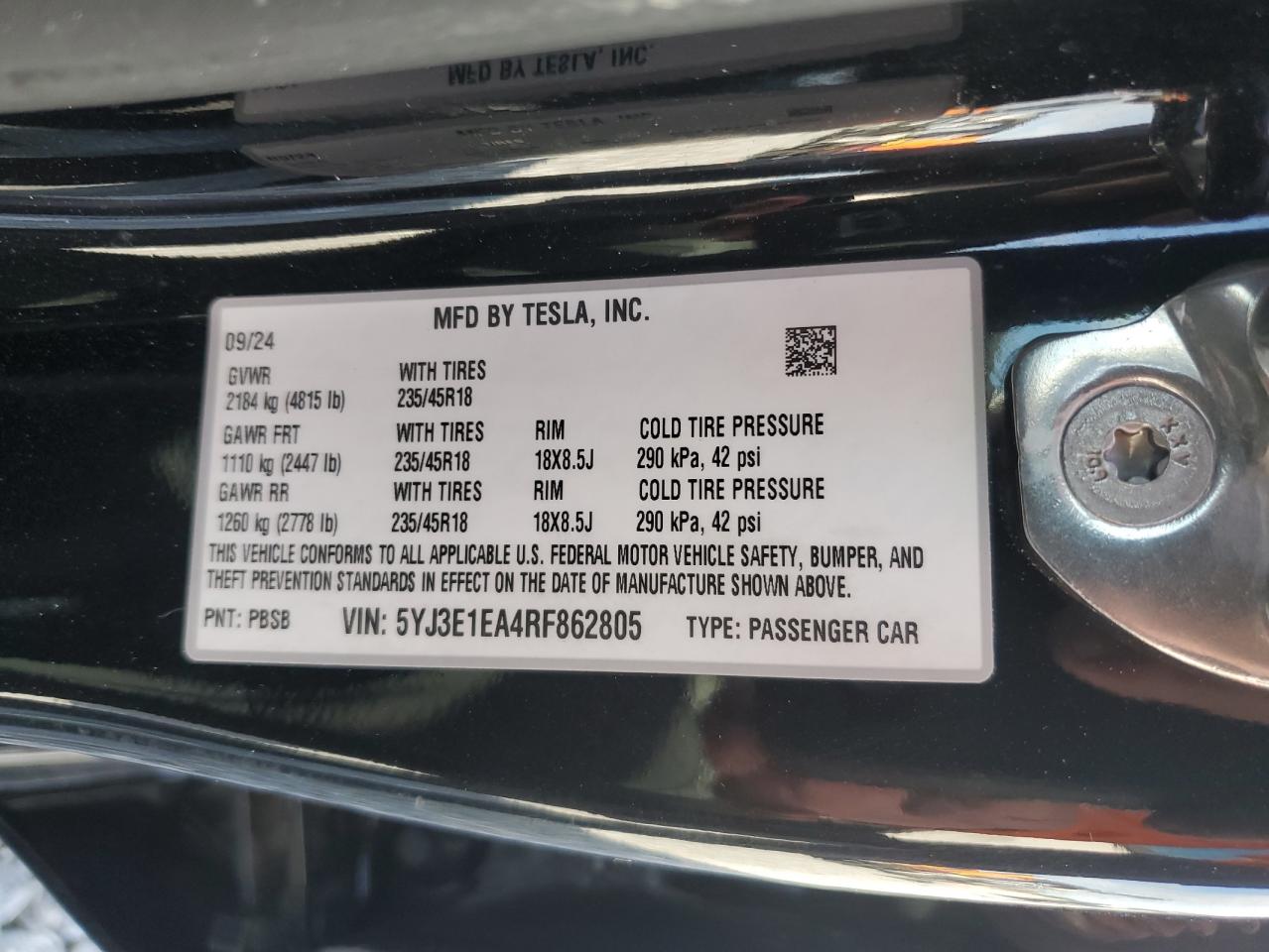 2024 Tesla Model 3 VIN: 5YJ3E1EA4RF862805 Lot: 71122295